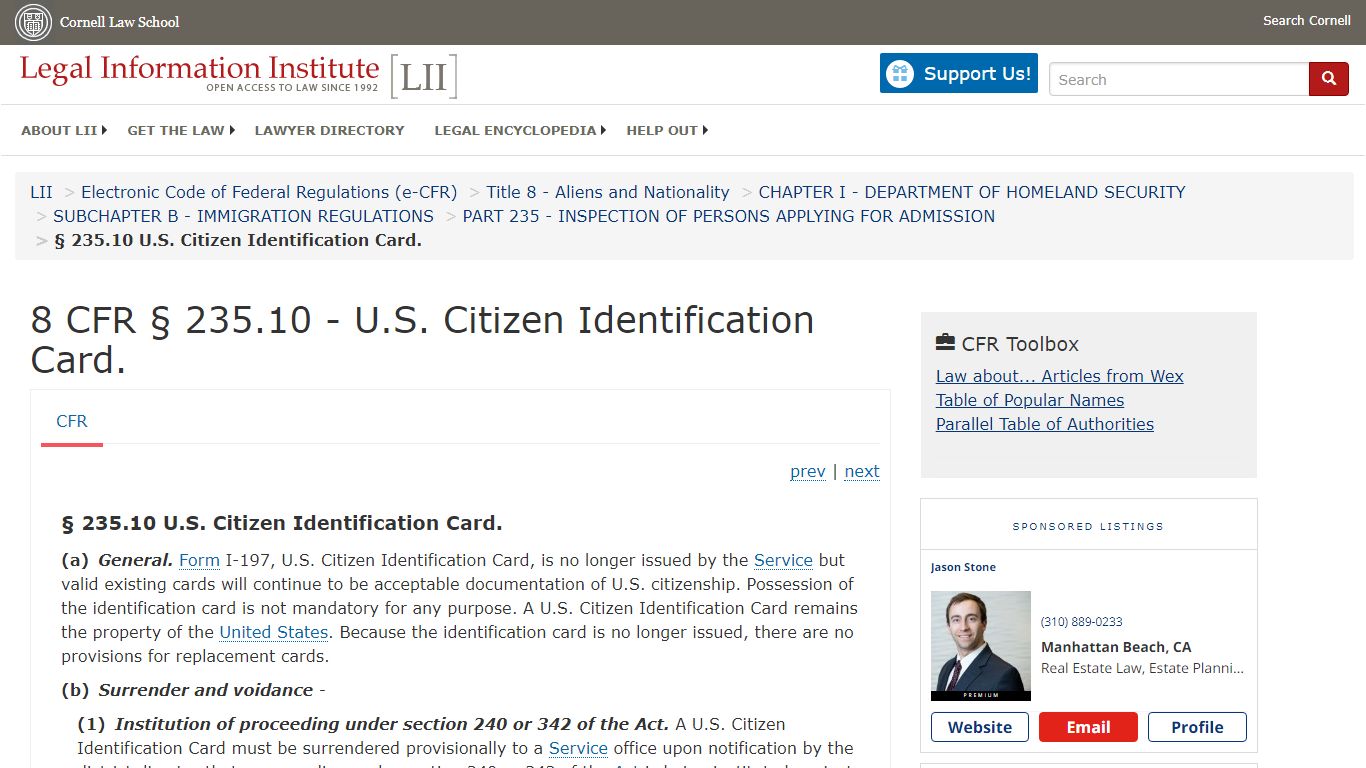 8 CFR § 235.10 - U.S. Citizen Identification Card. | CFR | US Law | LII ...